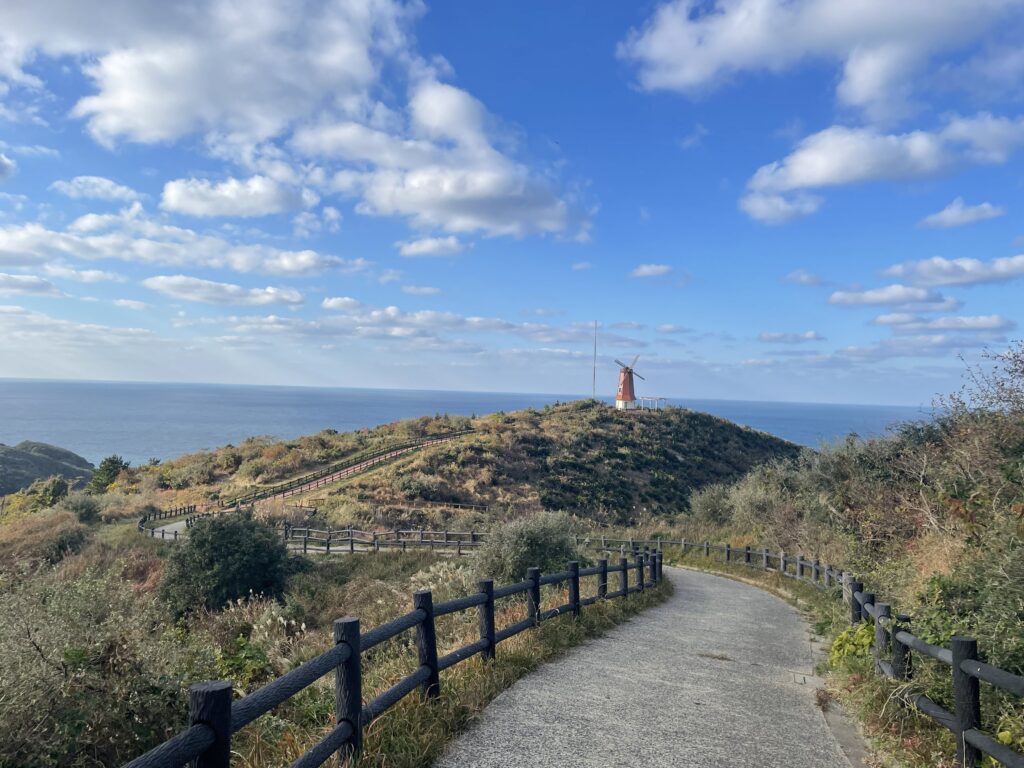 oshima, windmill observatory, ocean, munakata